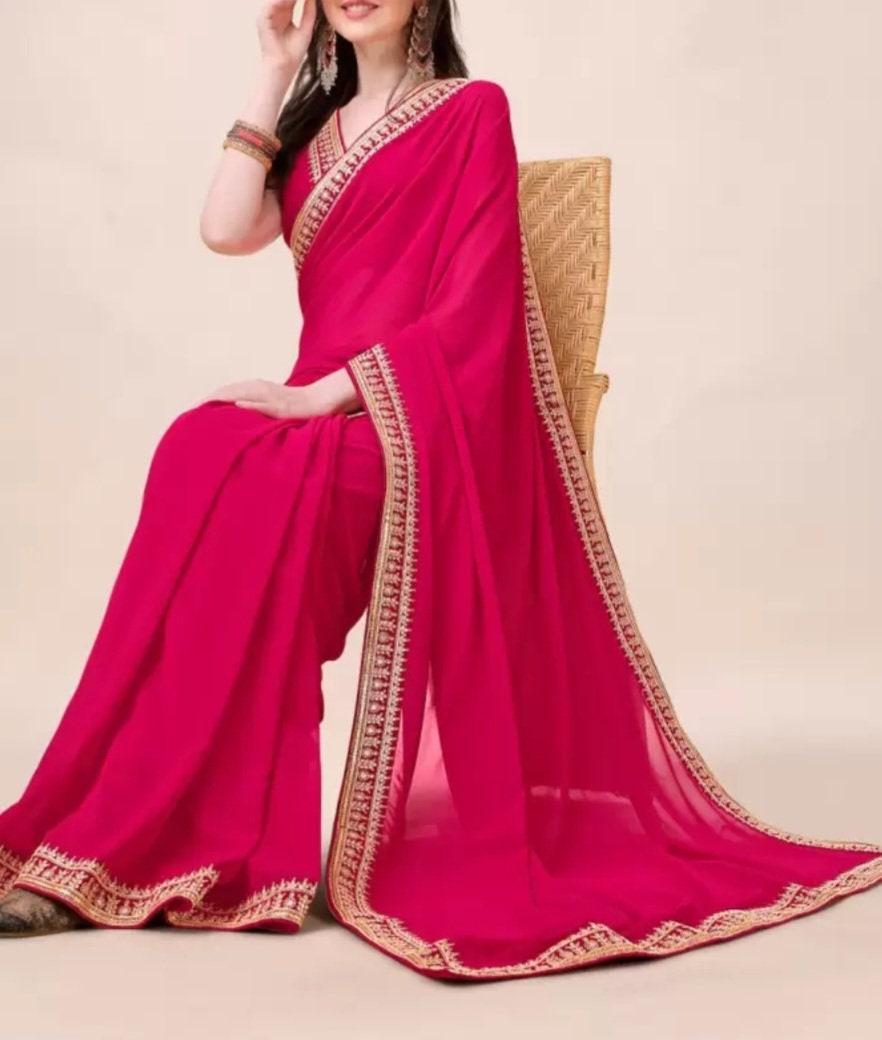 Magenta Embroidered Saree with Blouse Elegant Embroidered Border and FREE Matching Petticoat Ideal for Weddings and Special Occasions
