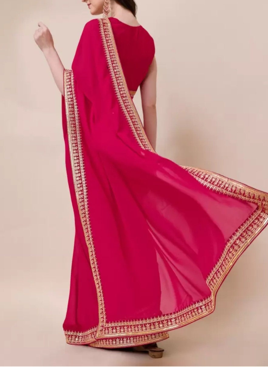 Magenta Embroidered Saree with Blouse Elegant Embroidered Border and FREE Matching Petticoat Ideal for Weddings and Special Occasions