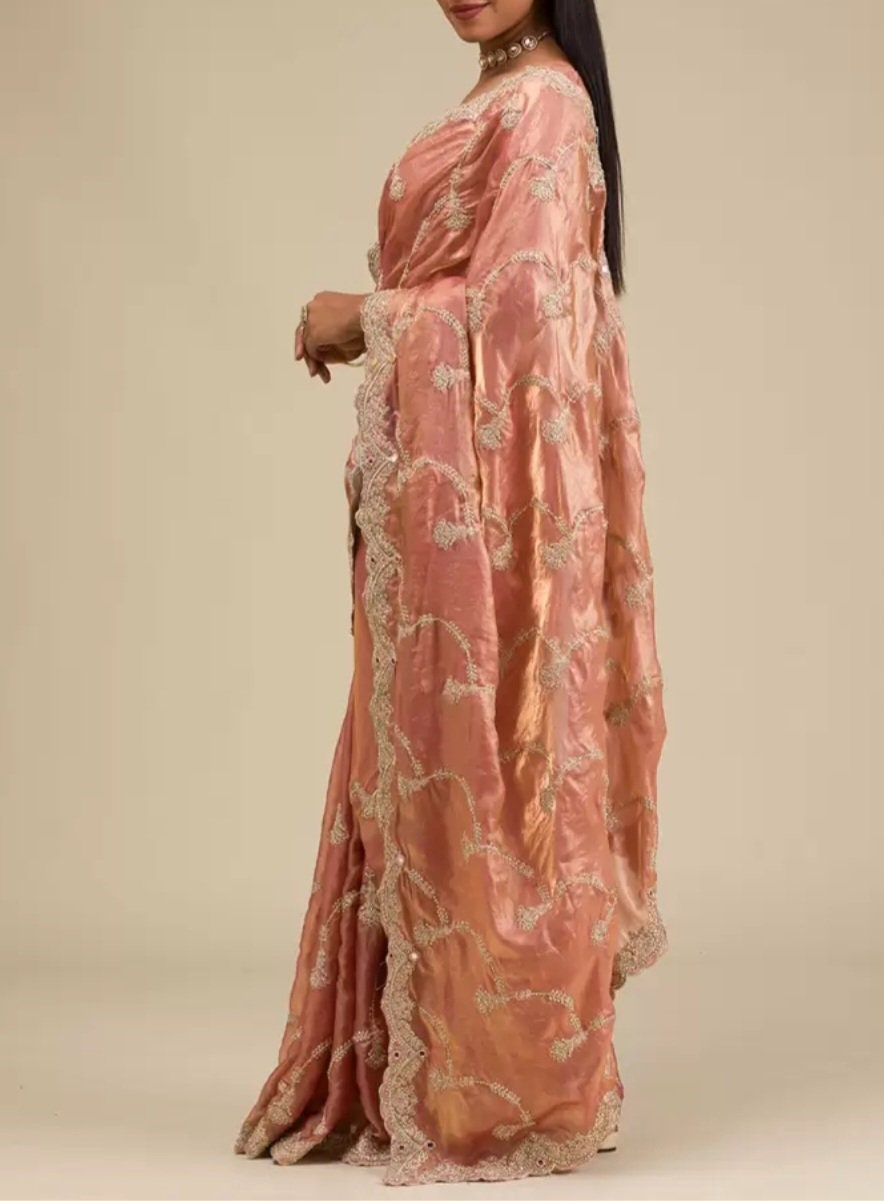 Peach Colored Floral Embroidered Zari Tissue Saree with Elegant Gold Tones FREE Matching Petticoat Perfect for Weddings Pooja Bridal Wear