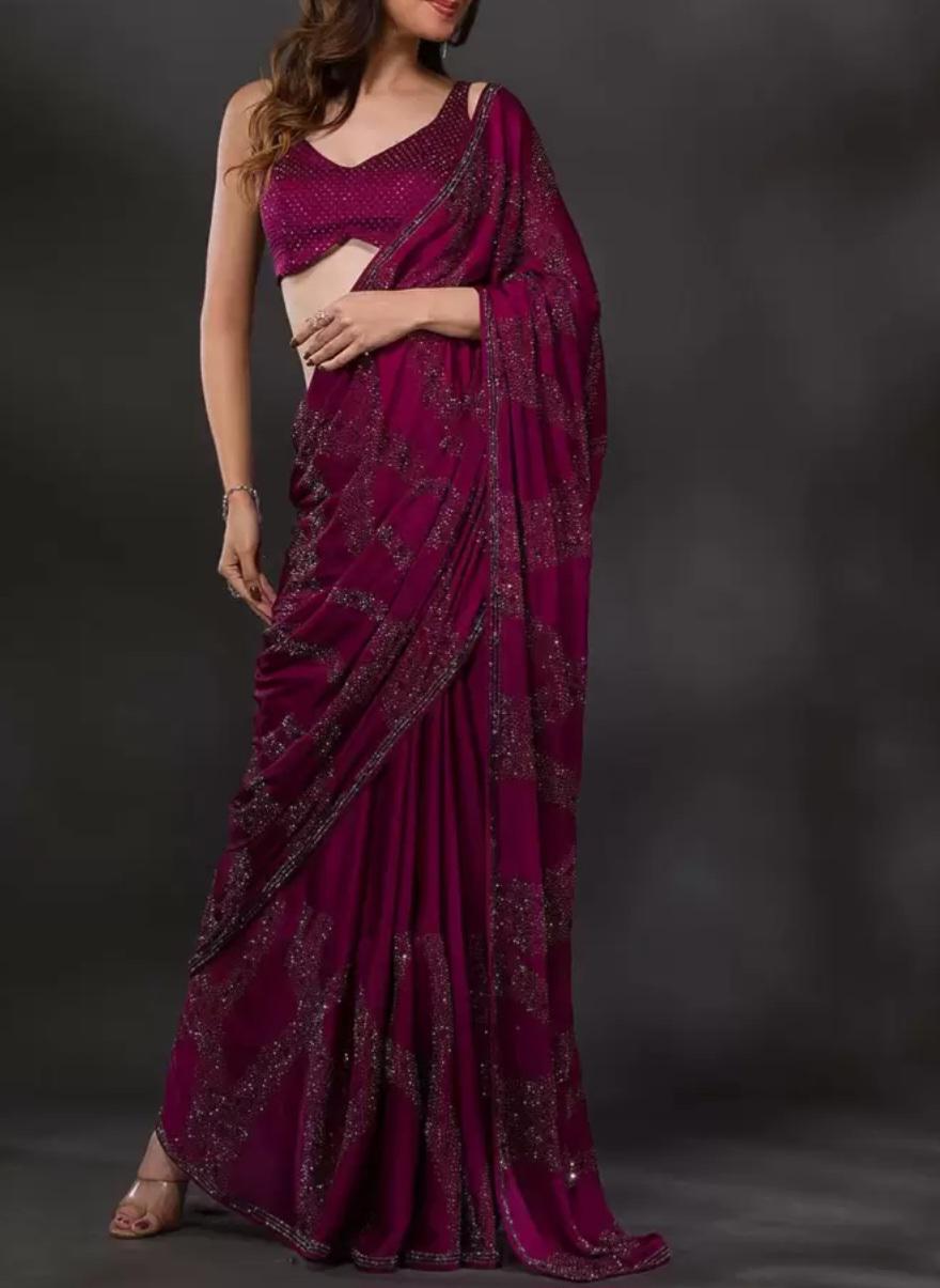 Maroon and Silver Poly Crepe Saree with Stone Embellishments Elegant Blouse Piece – Perfect for Weddings Parties Festive Occasions