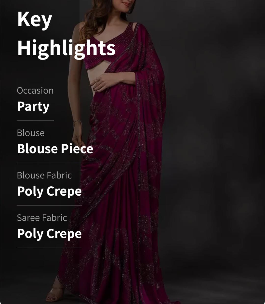 Maroon and Silver Poly Crepe Saree with Stone Embellishments Elegant Blouse Piece – Perfect for Weddings Parties Festive Occasions