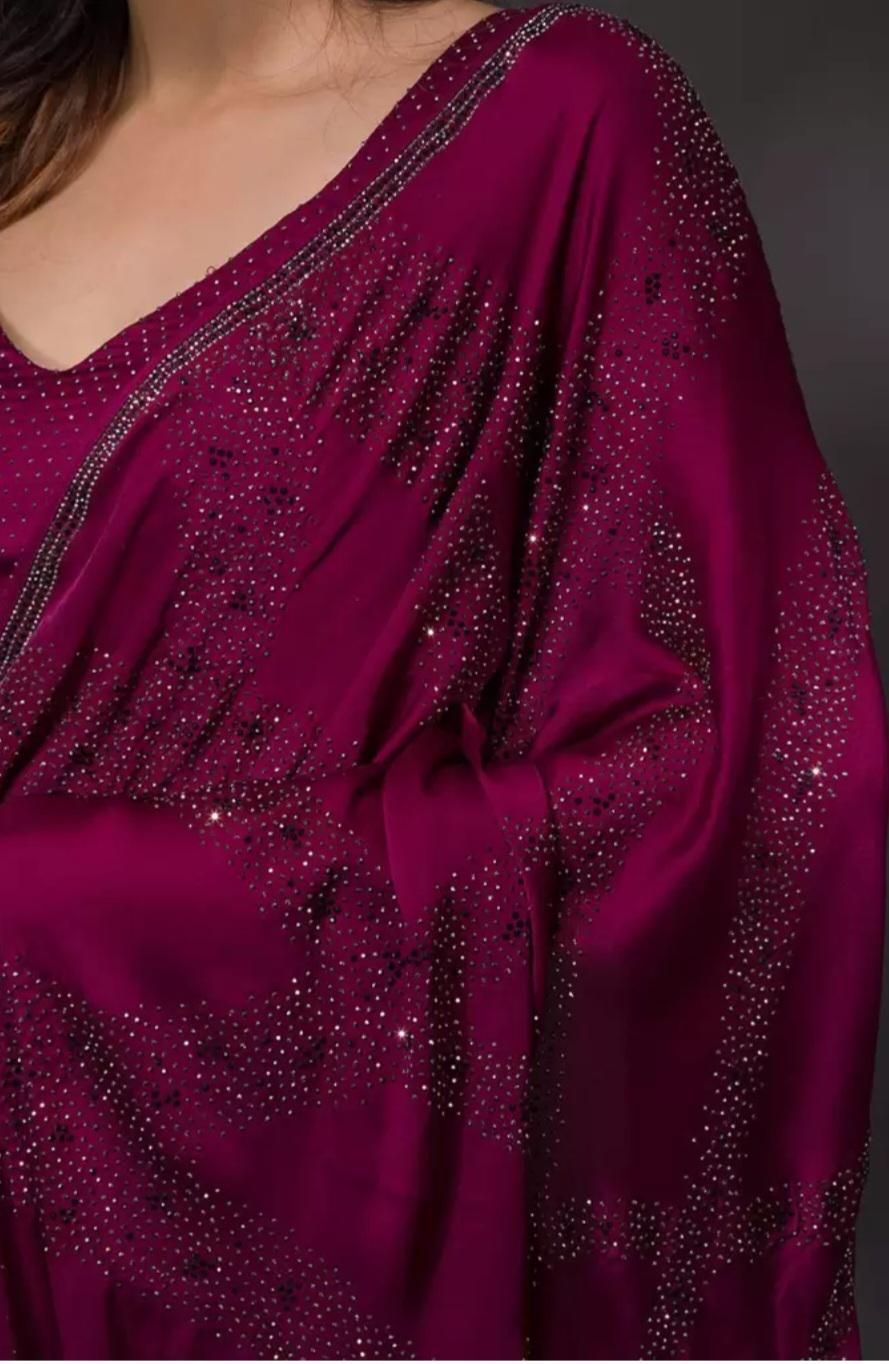 Maroon and Silver Poly Crepe Saree with Stone Embellishments Elegant Blouse Piece – Perfect for Weddings Parties Festive Occasions