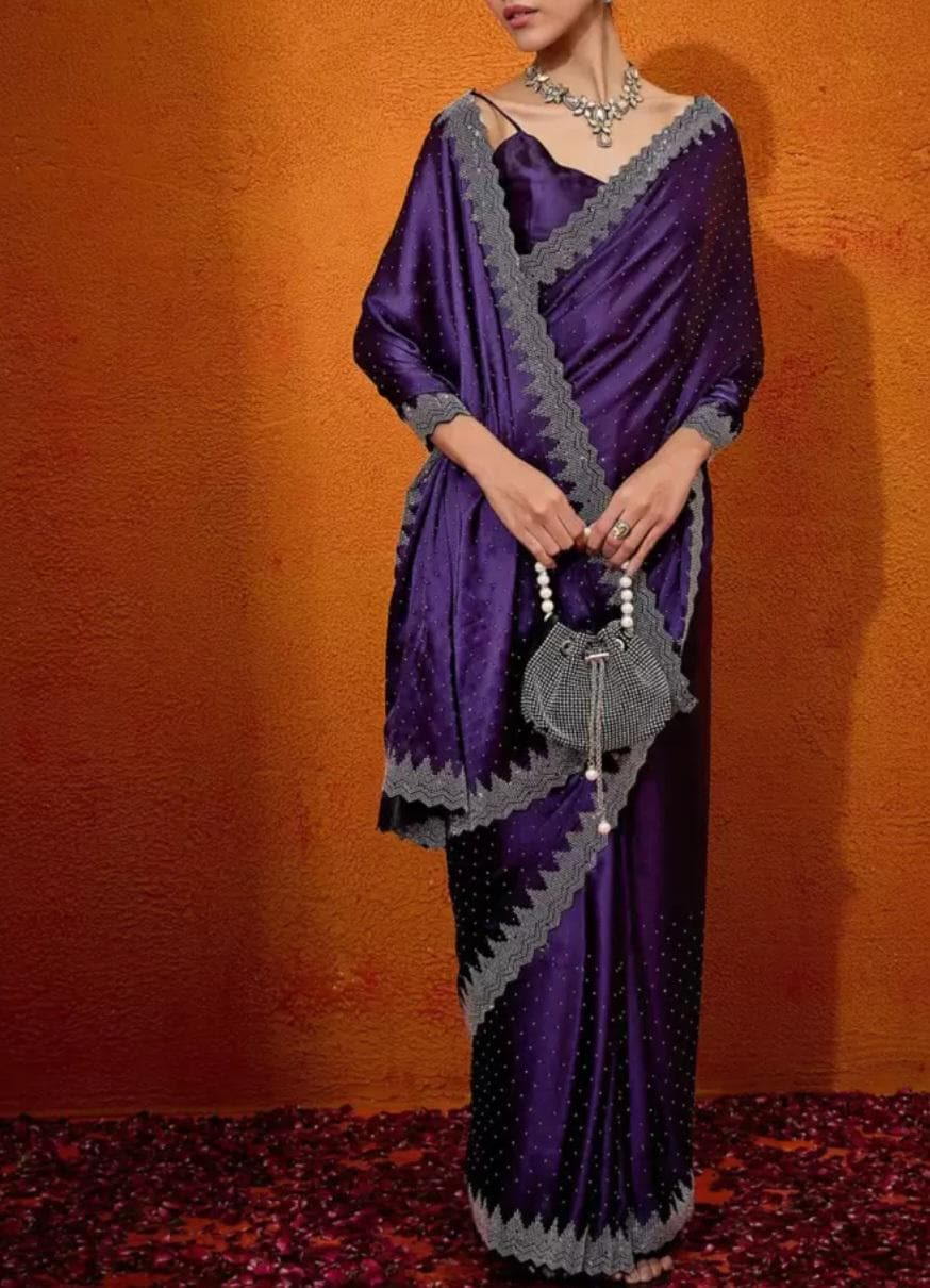 Purple & Silver Satin Saree with Beads Stones Embellishments Luxurious Drape for Weddings Special Occasions Ideal Gift for Mom Wife Sister