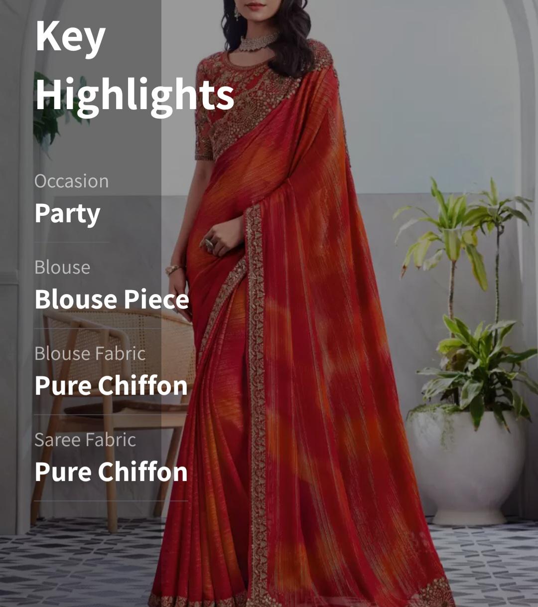 Red Poly Chiffon Saree with Sequinned Floral Zari Embellished Border Elegant Partywear Bridal Saree for Weddings Pooja Festive Occasions