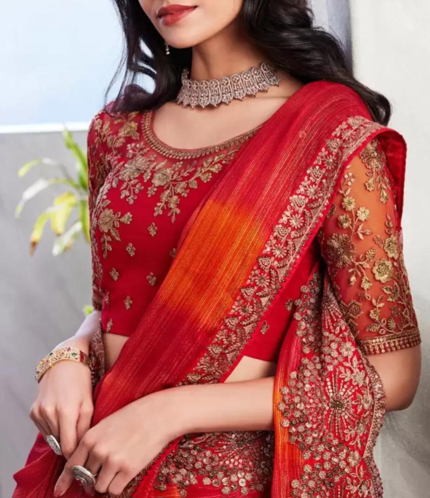 Red Poly Chiffon Saree with Sequinned Floral Zari Embellished Border Elegant Partywear Bridal Saree for Weddings Pooja Festive Occasions