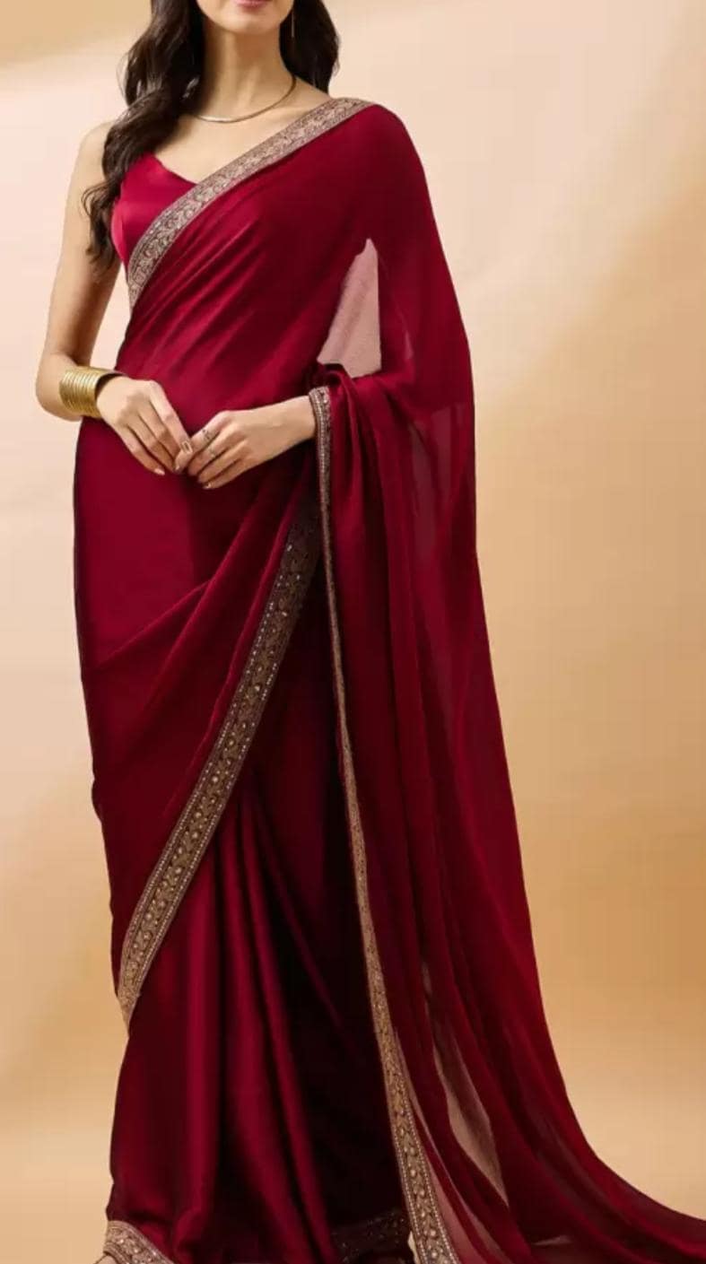 Maroon & Gold-Toned Embroidered Satin Saree with Beads and Stones Lightweight Indian Wedding Bridal Saree Ideal for Festive Party Wear