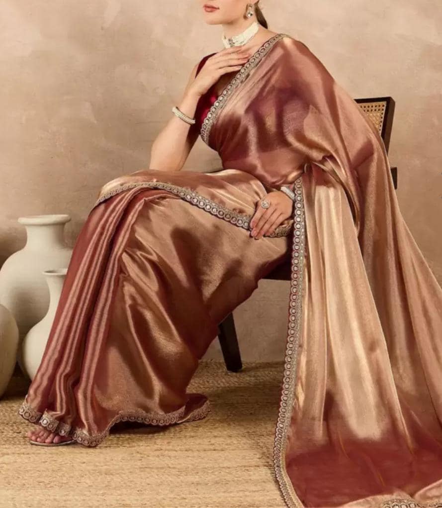 Pure Chiffon Copper-Toned Saree Embroidered Border Party & Festive Wear Saree Lightweight Saree for Women with FREE Petticoat