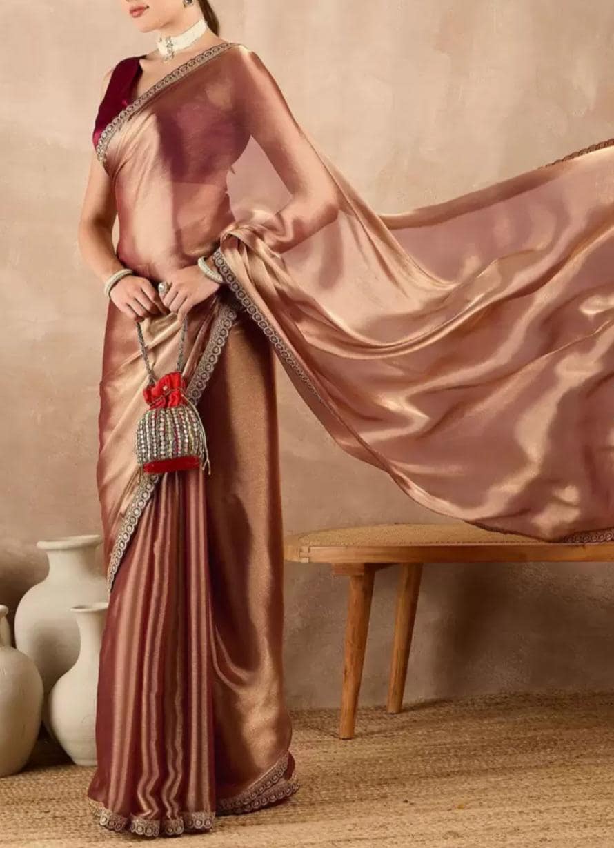 Pure Chiffon Copper-Toned Saree Embroidered Border Party & Festive Wear Saree Lightweight Saree for Women with FREE Petticoat
