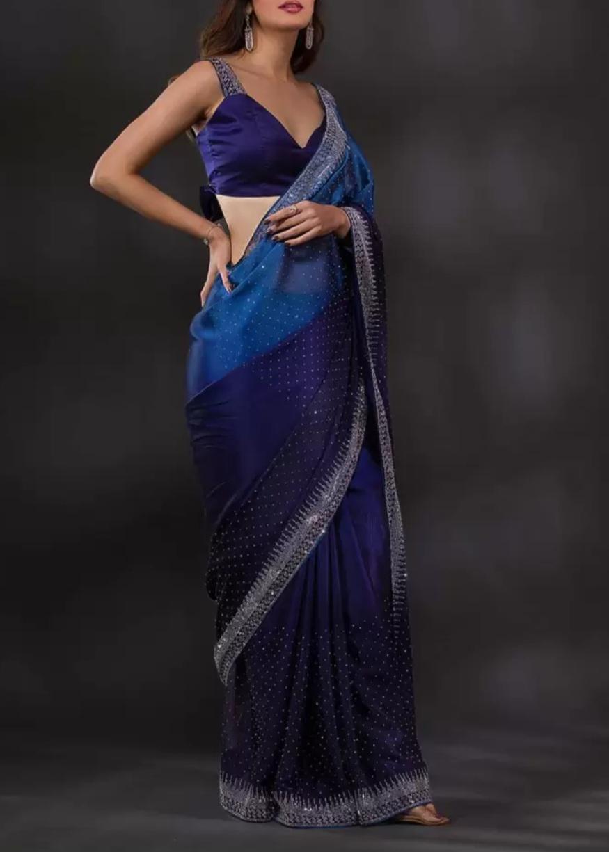 Navy Blue & Silver Embroidered Saree Party Wedding Guest Wear FREE Matching Petticoat Elegant Lightweight Design