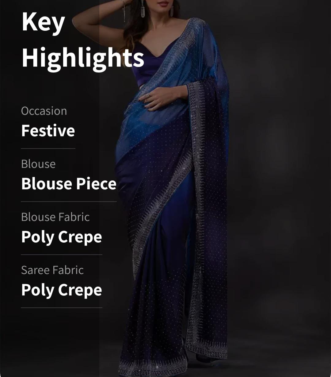 Navy Blue & Silver Embroidered Saree Party Wedding Guest Wear FREE Matching Petticoat Elegant Lightweight Design