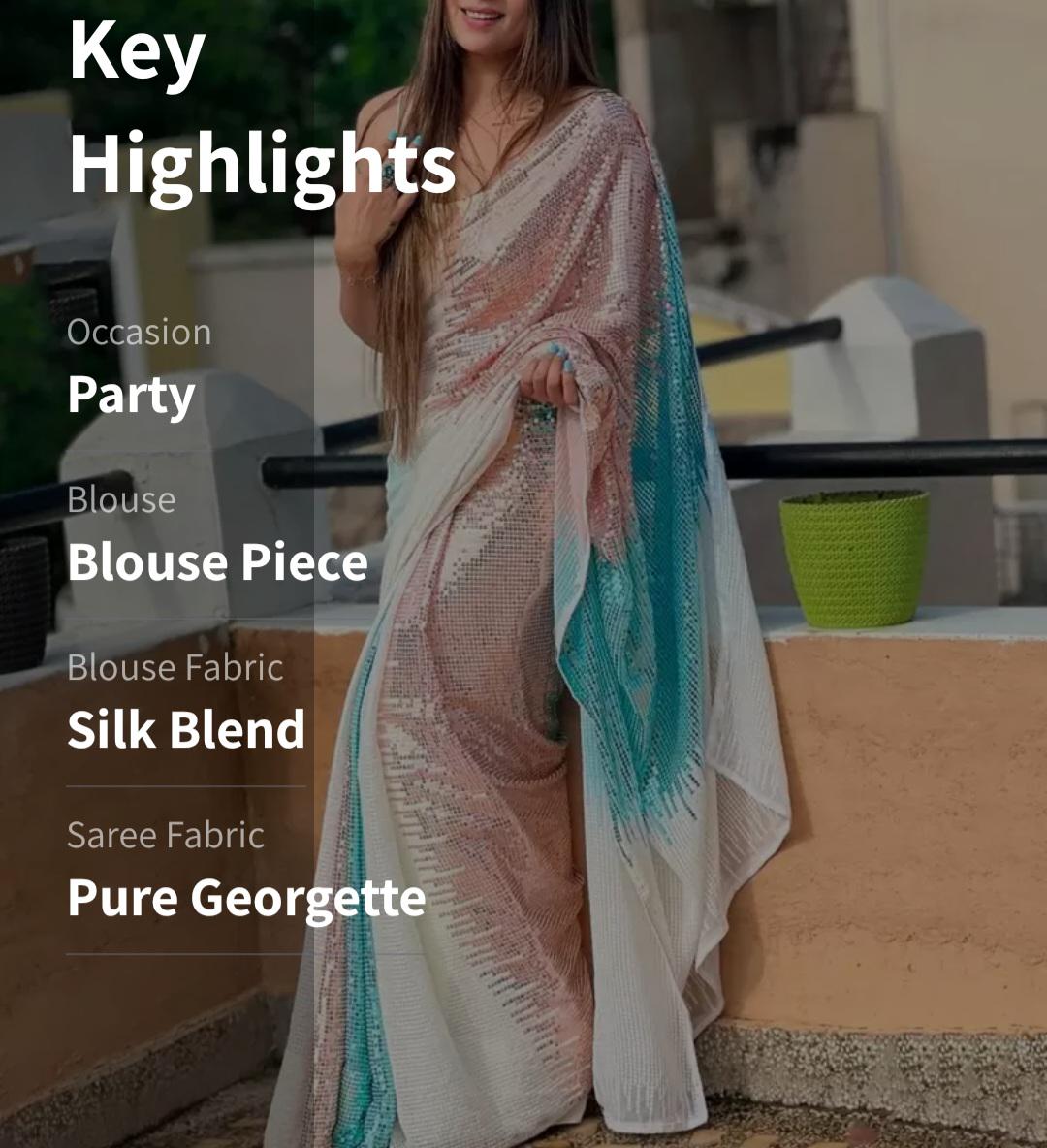 White & Rose Gold Sequinned Georgette Saree Embellished Border Wedding Bridal Saree with FREE Petticoat Perfect for Pooja Special Occasions