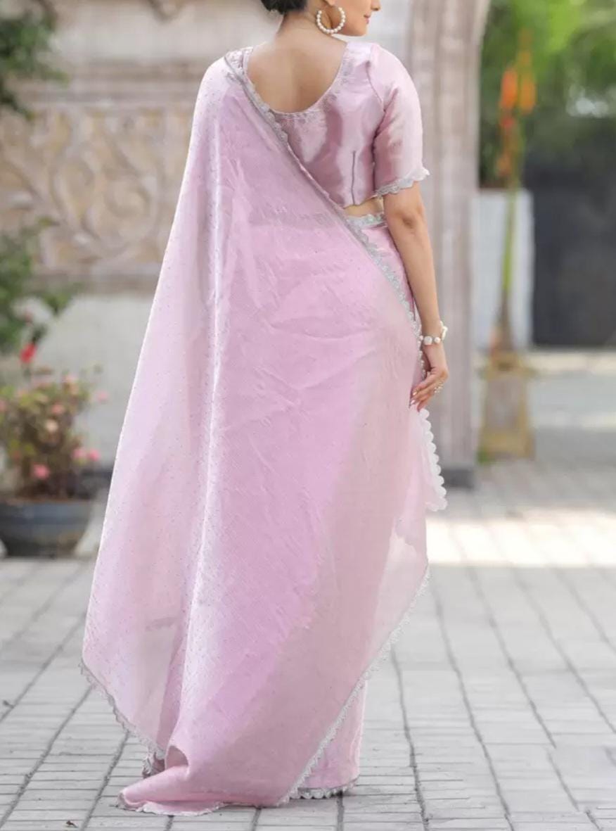 Lavender Saree Embellished Mukaish Organza Sari Sequined Party Wear Elegant Indian Fashion Gift for Weddings Anniversary & Special Occasion