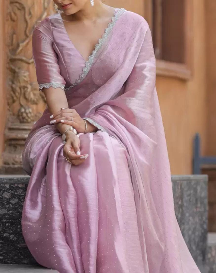 Lavender Saree Embellished Mukaish Organza Sari Sequined Party Wear Elegant Indian Fashion Gift for Weddings Anniversary & Special Occasion