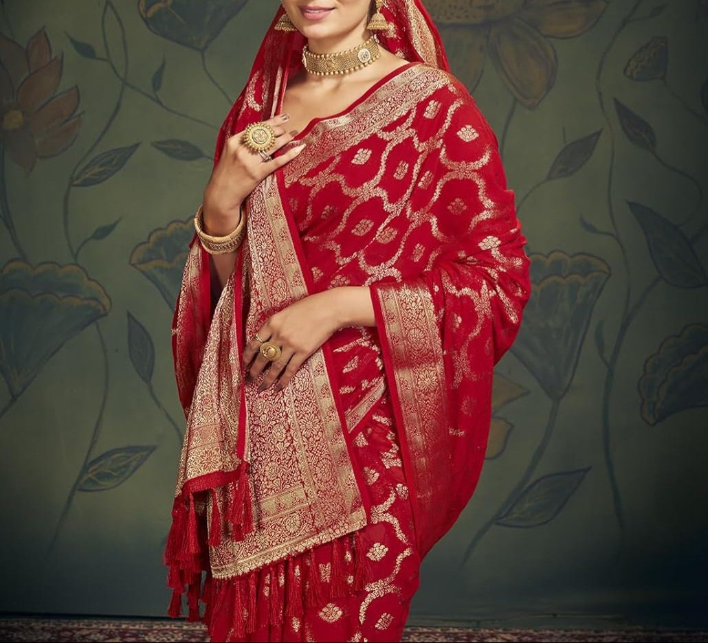 Women's Red Georgette Bridal Saree with Soft Woven Zari Work and Blouse Piece Ideal Indian Wedding Saree Elegant Festive Bridal Wear