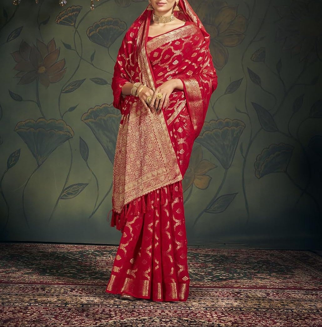 Women's Red Georgette Bridal Saree with Soft Woven Zari Work and Blouse Piece Ideal Indian Wedding Saree Elegant Festive Bridal Wear