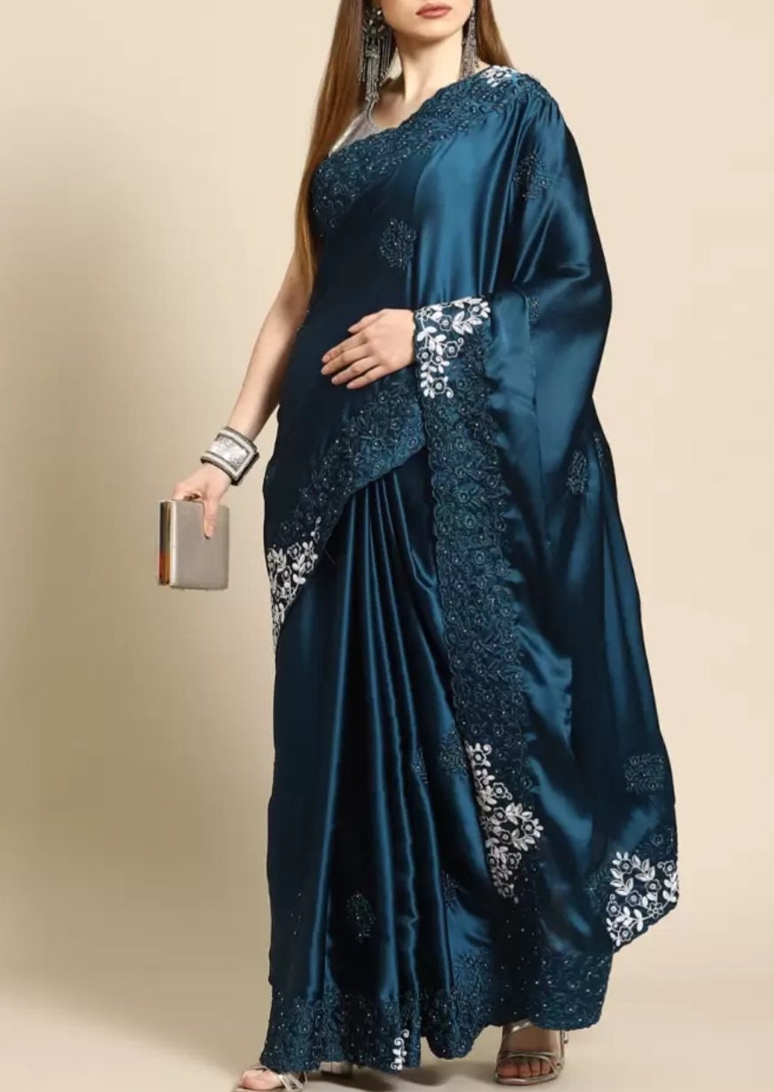 Blue Floral Embroidered Satin Saree with Woven Design Border Soft Silk Drape for Wedding Pooja Wear Elegant Indian Attire Ideal Gift for Her