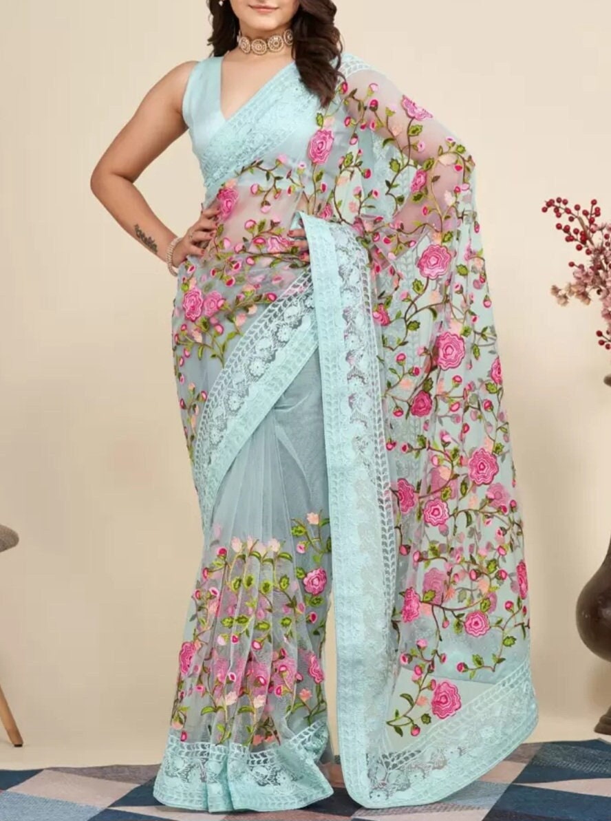 Turquoise Blue Pink Floral Embroidered Net Saree Boho Chic Bridal Sari for Wedding Party Wear Elegant Designer Saree with Embroidered Border