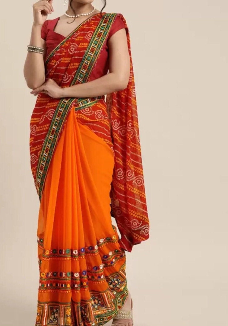 Red Orange Embroidered Pure Georgette Bandhani Saree Ethnic Wedding Wear Lightweight Traditional Saree for Women for Pooja Bridal Events