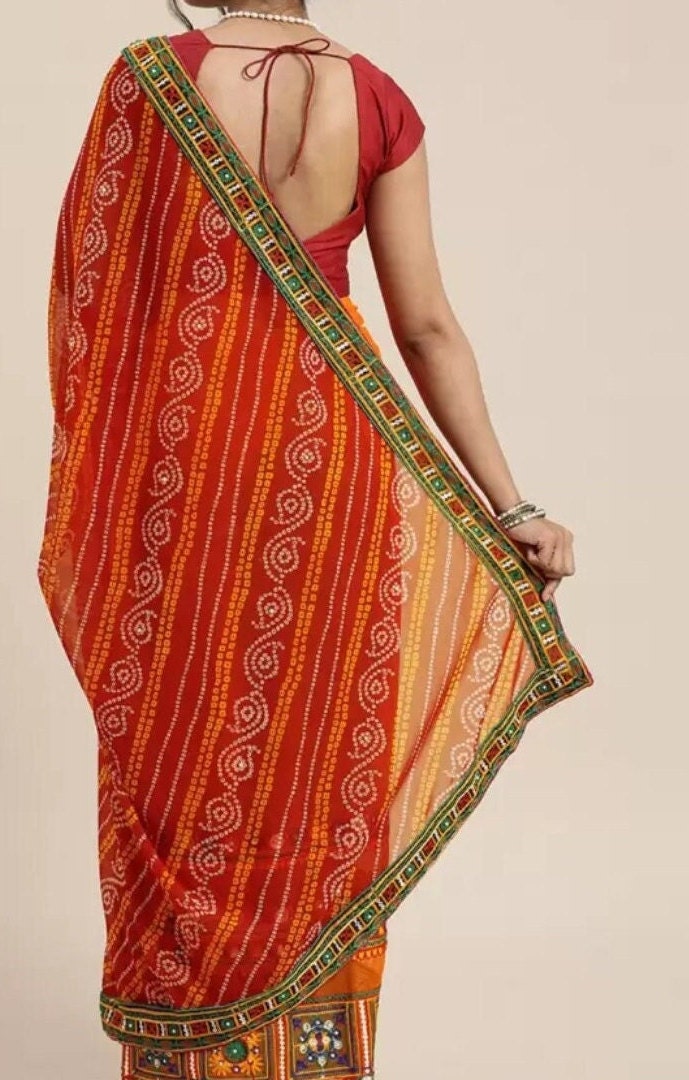 Red Orange Embroidered Pure Georgette Bandhani Saree Ethnic Wedding Wear Lightweight Traditional Saree for Women for Pooja Bridal Events