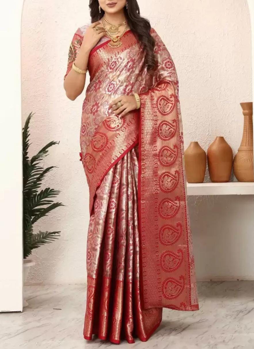 Pink & Silver-Toned Kanjeevaram Saree Floral Zari Tissue Woven Design Border FREE Matching Petticoat Traditional Indian Wedding Bridal Wear