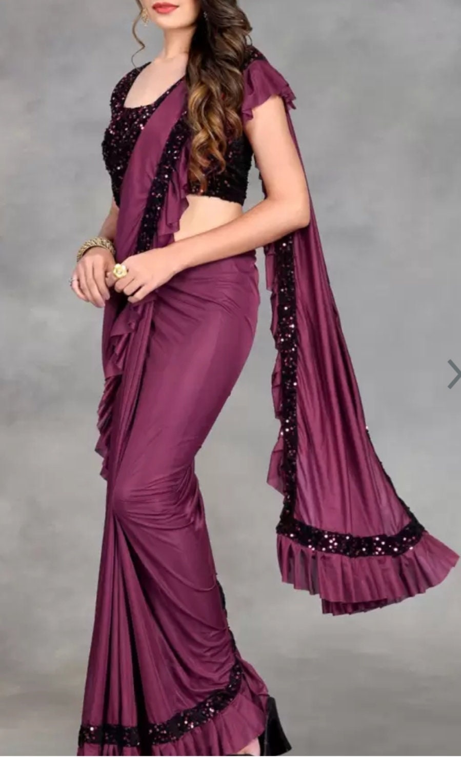 Emblished Sequinned Saree With Ruffles, Lycra Purple saree, Solid saree with embellished border Free Matching Petticoat