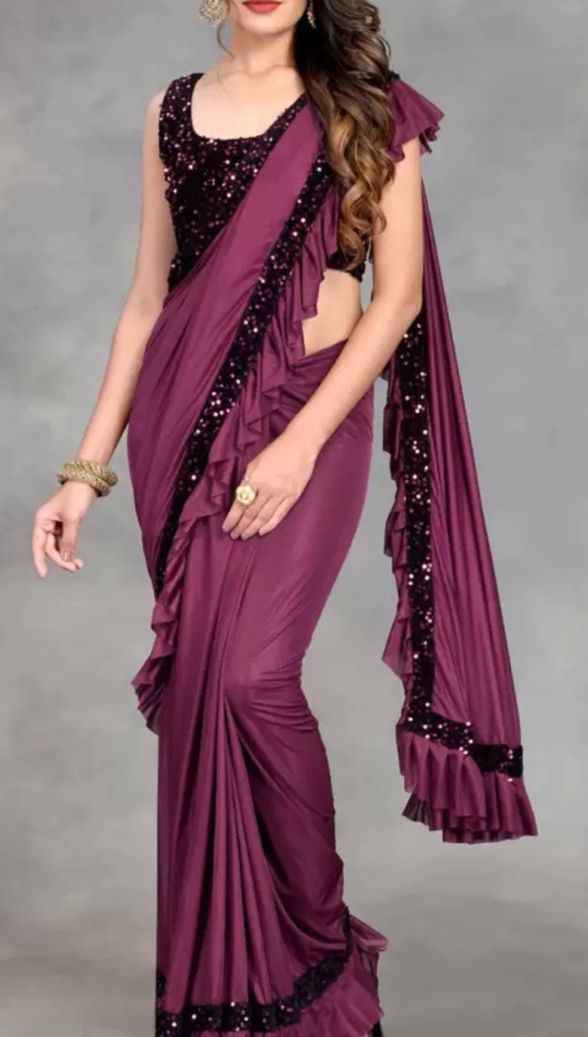 Emblished Sequinned Saree With Ruffles, Lycra Purple saree, Solid saree with embellished border Free Matching Petticoat