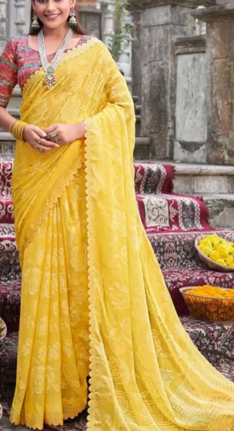 Floral Beads and Stones Pure Chiffon Yellow Saree, Floral embellished saree with embroidered border border, Saree with FREE Petticoat