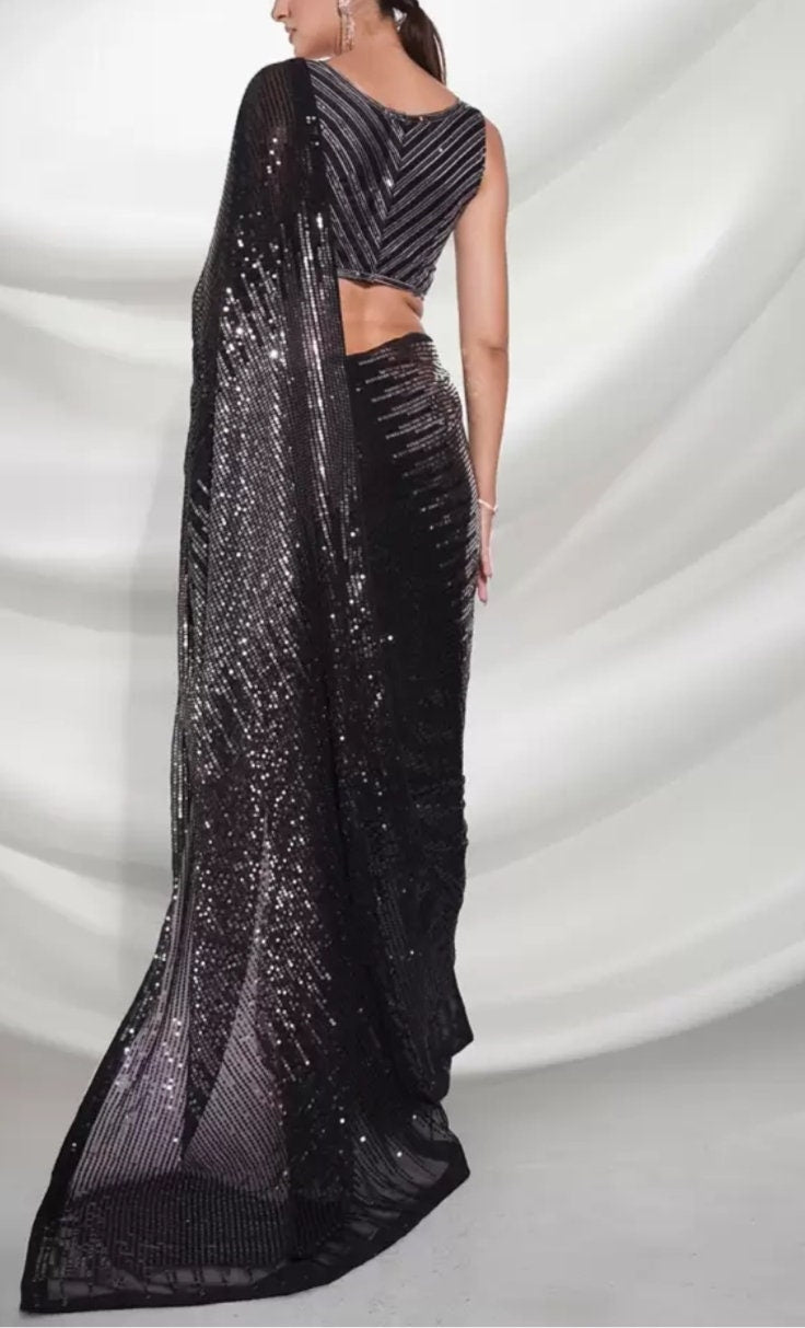 Embellished Sequinned Pure Georgette Saree, Black and silver saree, Embellished saree with embellished border, Saree With FREE Petticoat