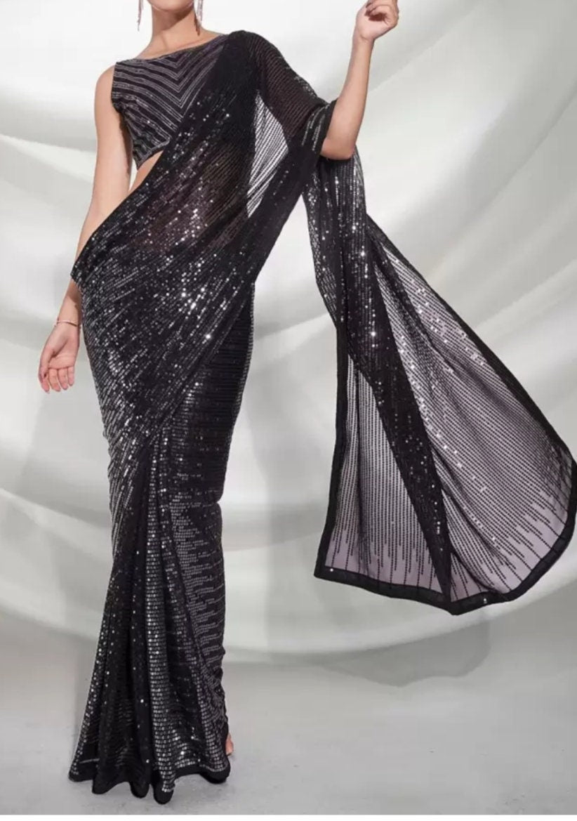 Embellished Sequinned Pure Georgette Saree, Black and silver saree, Embellished saree with embellished border, Saree With FREE Petticoat