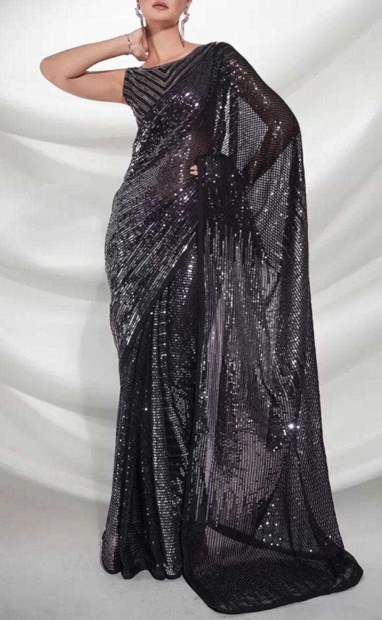 Embellished Sequinned Pure Georgette Saree, Black and silver saree, Embellished saree with embellished border, Saree With FREE Petticoat