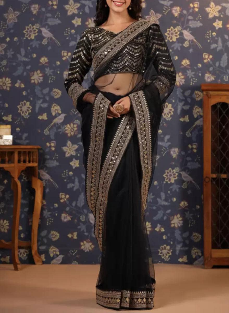 Black & Silver Embellished Supernet Saree Solid Indian Wedding Wear with Embellished Border FREE Petticoat Party Bollywood Saree for Women