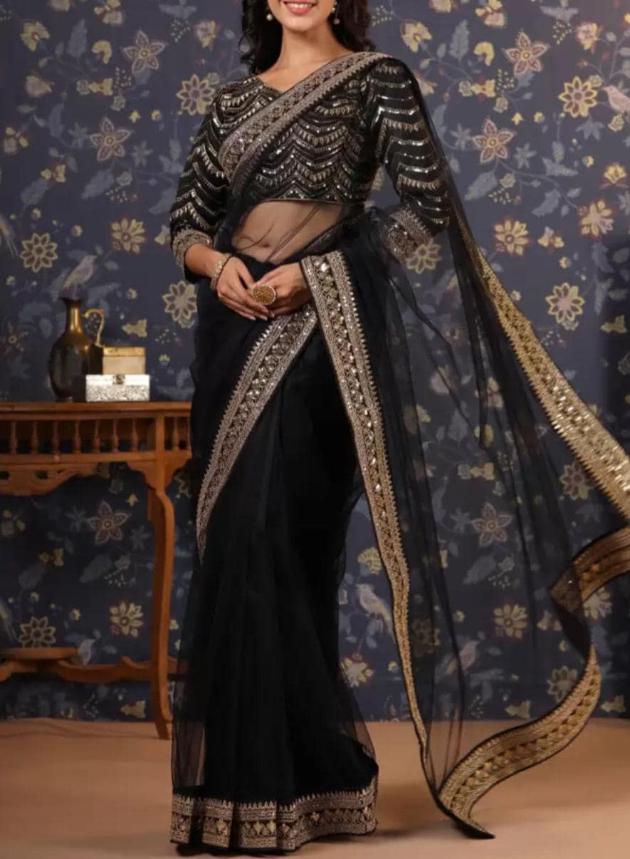 Black & Silver Embellished Supernet Saree Solid Indian Wedding Wear with Embellished Border FREE Petticoat Party Bollywood Saree for Women