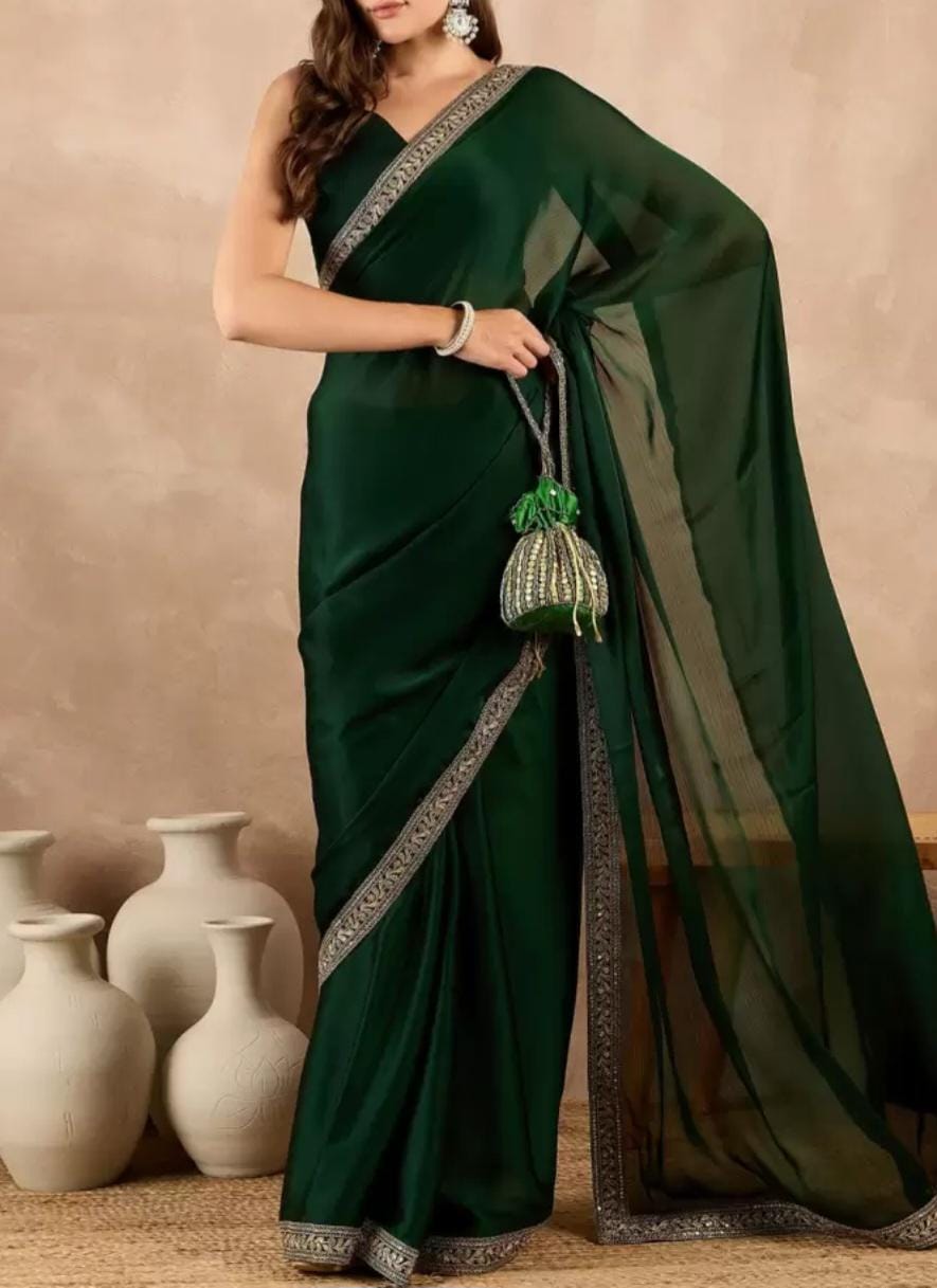 Solid Green Satin Saree with Gold-Toned Zari Border | Free Matching Petticoat | Perfect for Weddings & Festive Occasions