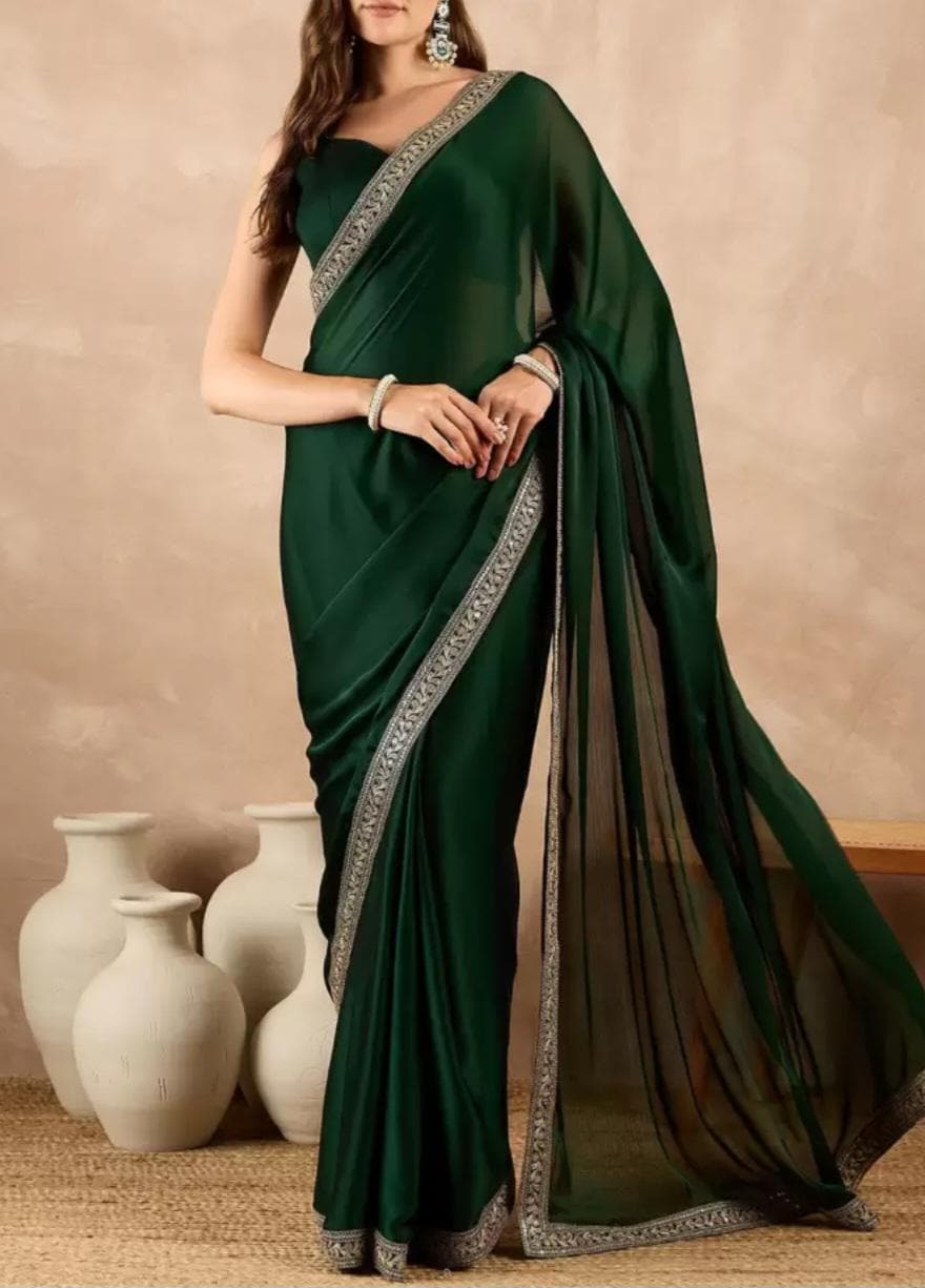 Solid Green Satin Saree with Gold-Toned Zari Border | Free Matching Petticoat | Perfect for Weddings & Festive Occasions