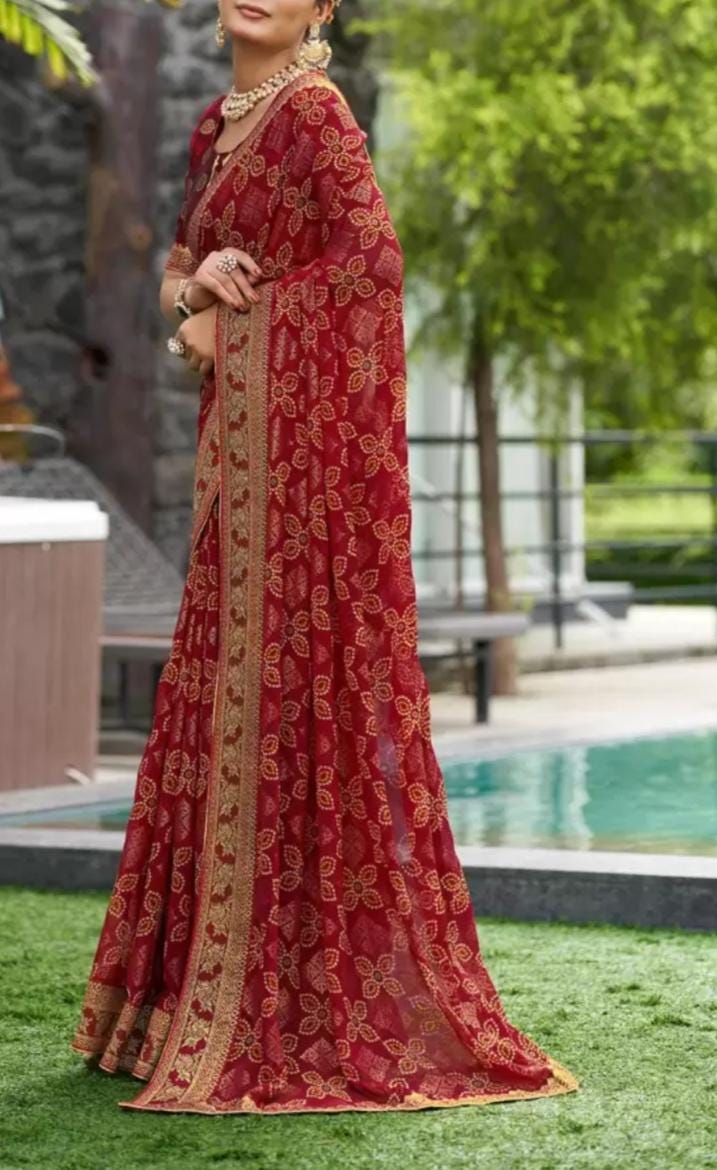 MAROON Bandhani Pure Georgette Saree with Gold Zari Border | FREE Matching Petticoat | Ideal for Festive Occasions & Wedding Party