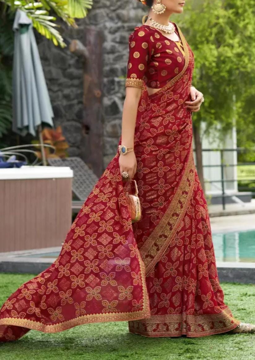 MAROON Bandhani Pure Georgette Saree with Gold Zari Border | FREE Matching Petticoat | Ideal for Festive Occasions & Wedding Party