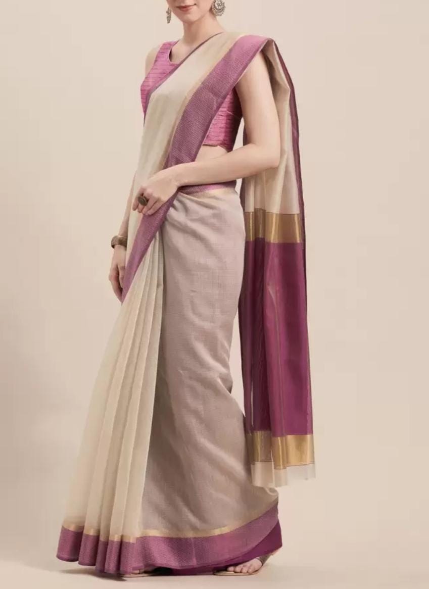 Beige, Gold, Purple Pure Cotton Zari Saree with Woven Design Border Piece FREE Petticoat, Elegant Ethnic Wear for Festive & Wedding Occasion