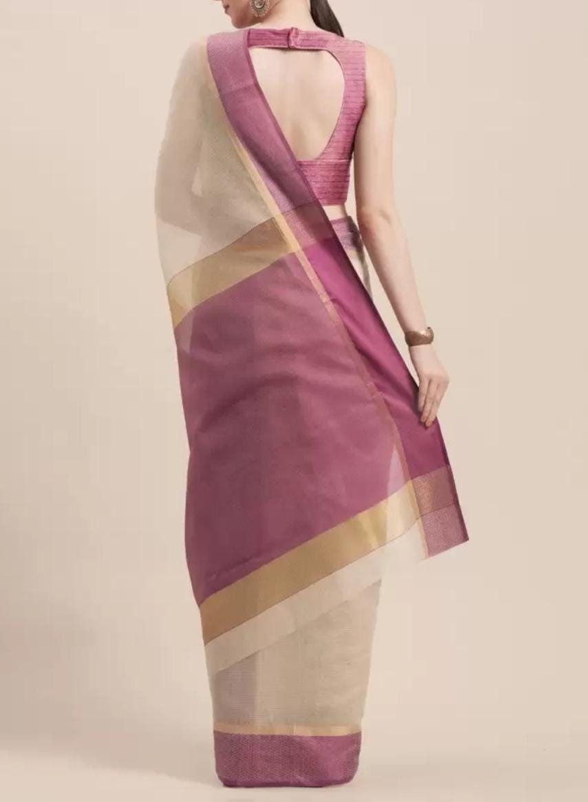 Beige, Gold, Purple Pure Cotton Zari Saree with Woven Design Border Piece FREE Petticoat, Elegant Ethnic Wear for Festive & Wedding Occasion