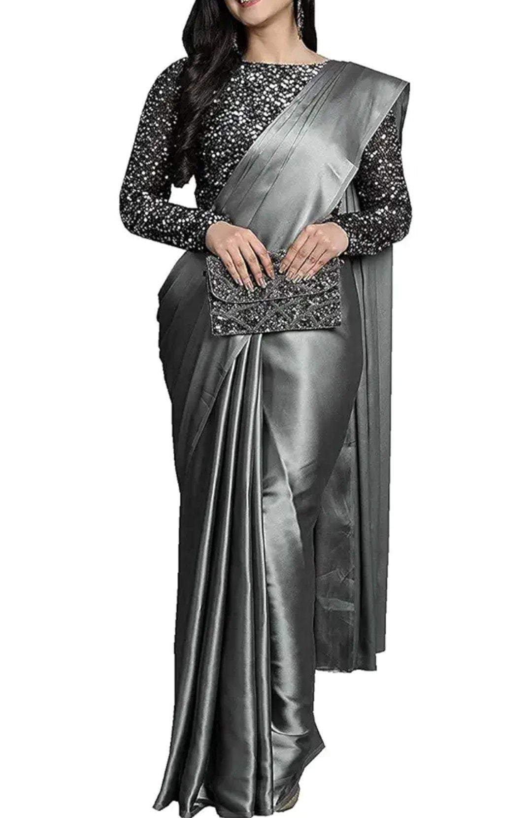Womens GREY Solid Mysore Satin SILK Saree Sequence Embroidery Blouse piece, Saree With FREE Petticoat