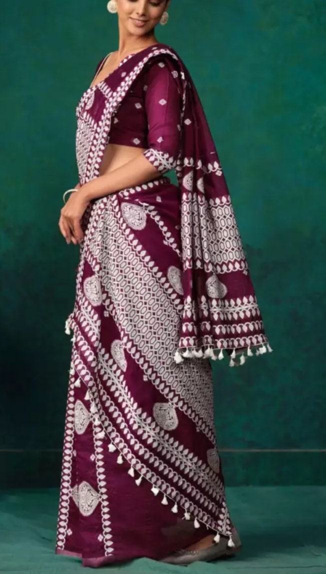 COTTON Blend PURPLE and white Muga saree, Assamese Mekhela Chador Sari With Blouse Piece, Ethnic motifs woven design sari with FREE Peticoat