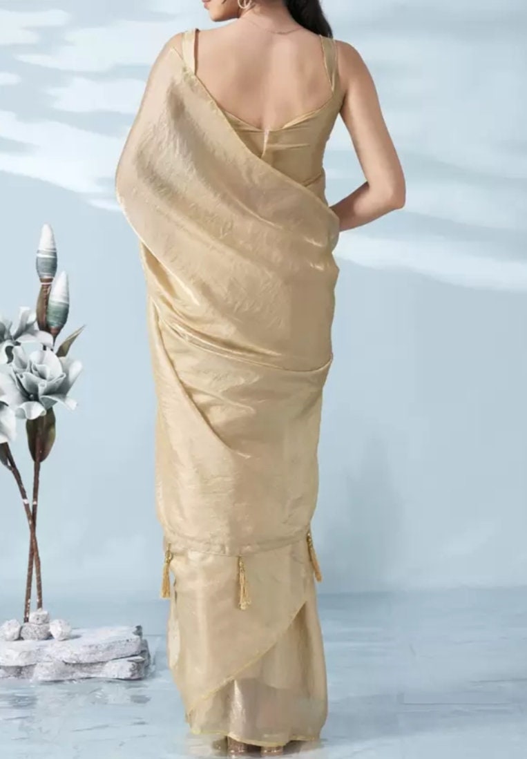 BEIGE saree Solid / Plain Daily Wear SATIN Saree, Luxurious Drape for Special Occasions, Saree With FREE Matching Petticoat