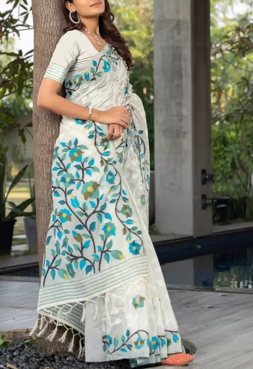 WHITE & BLUE Woven Design Pure Cotton Jamdani Saree, Woven design saree with woven design border, Saree FREE Matching Petticoat
