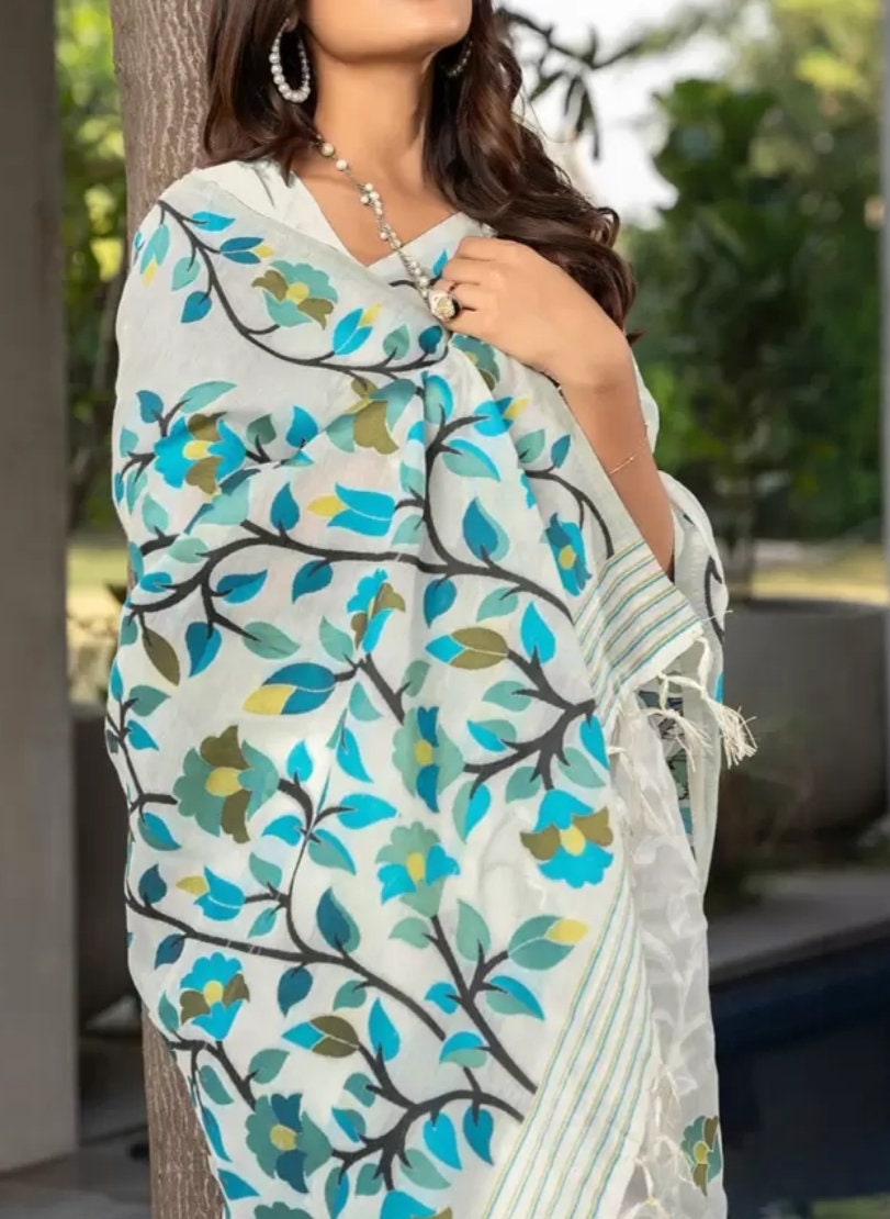 WHITE & BLUE Woven Design Pure Cotton Jamdani Saree, Woven design saree with woven design border, Saree FREE Matching Petticoat