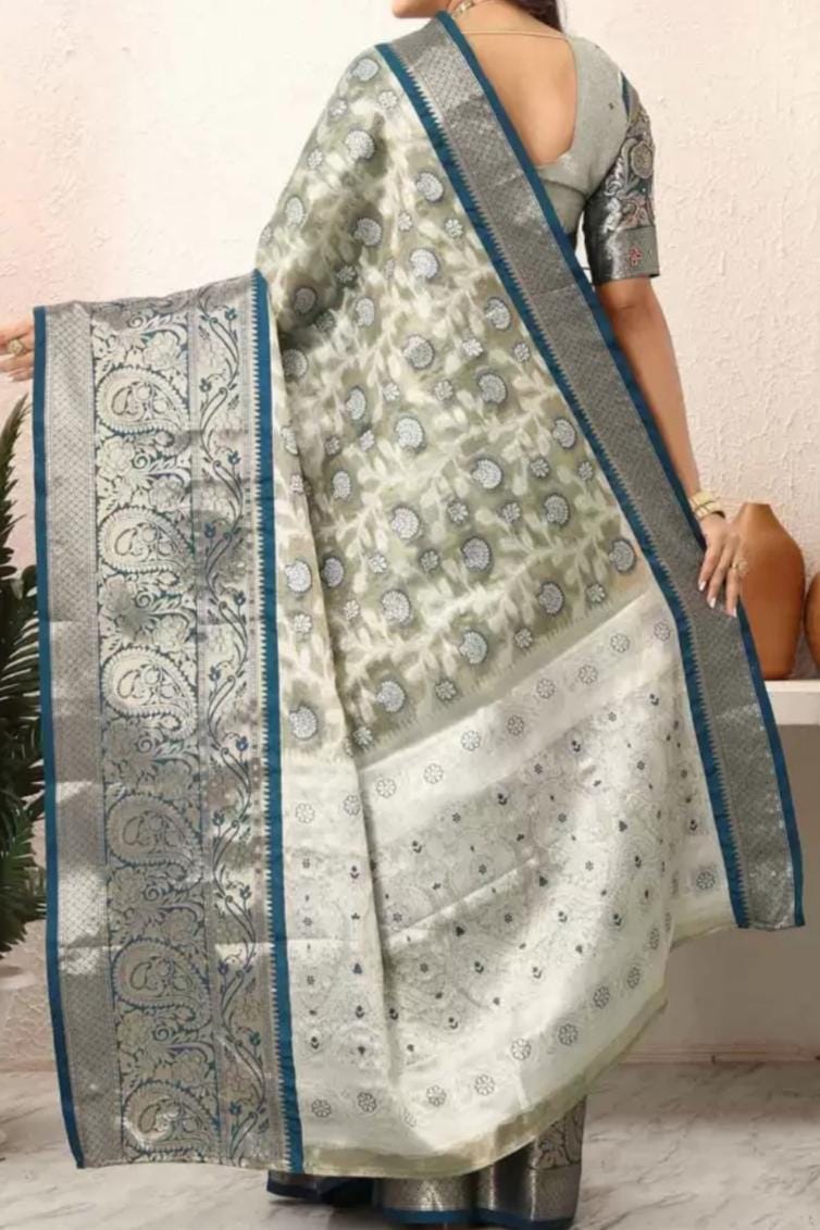Elegant Grey Gold Kanjeevaram Silk Saree with Floral Zari Woven Border Premium Tissue Finish for Indian Weddings Traditional Celebrations