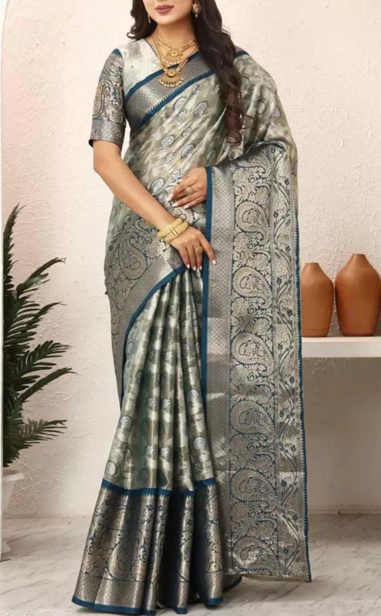 Elegant Grey Gold Kanjeevaram Silk Saree with Floral Zari Woven Border Premium Tissue Finish for Indian Weddings Traditional Celebrations