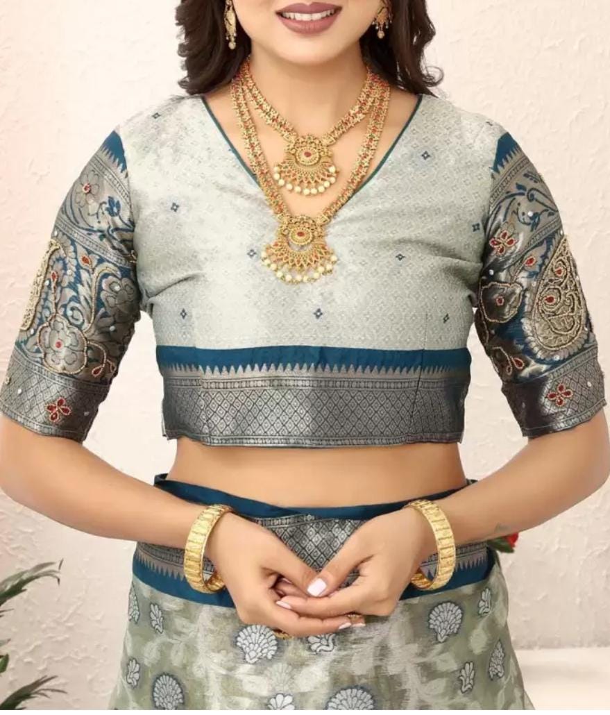 Elegant Grey Gold Kanjeevaram Silk Saree with Floral Zari Woven Border Premium Tissue Finish for Indian Weddings Traditional Celebrations