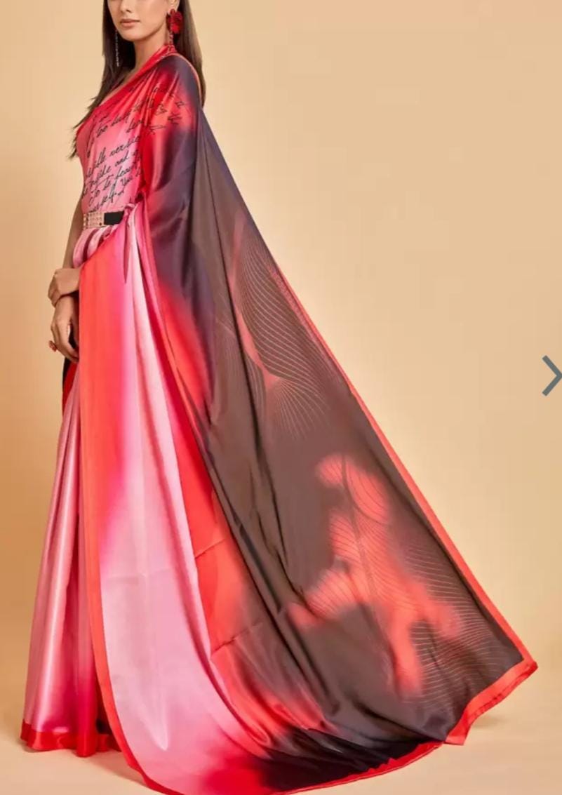 Peach Colored Tie and Dye Satin Saree with Solid Border and FREE Matching Petticoat Perfect for Valentine's Day Gifts Elegant Evening Wear