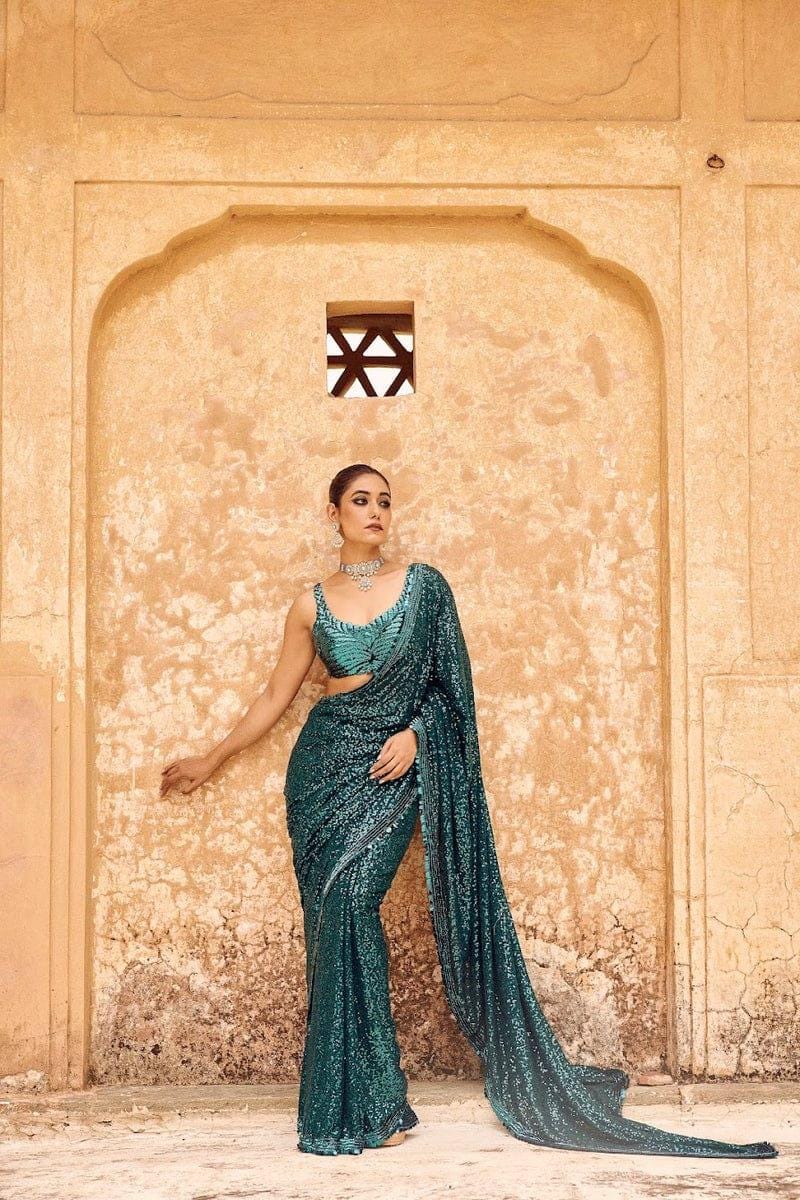 Blue Sequined Georgette Saree with Embellished Border Ideal for Weddings Pooja Festive Occasions Saree Wedding Wear Traditional Indian Saree