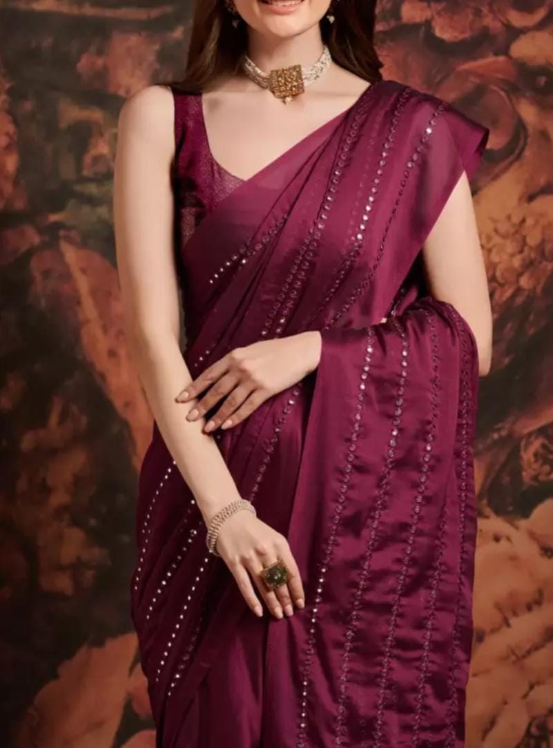 Magenta Pure Georgette Saree with Embellished Mirror Work and FREE Matching Petticoat Ideal for Weddings Pooja and Traditional Celebrations
