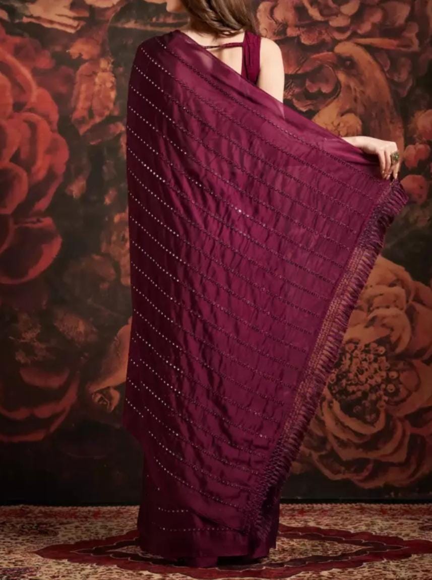 Magenta Pure Georgette Saree with Embellished Mirror Work and FREE Matching Petticoat Ideal for Weddings Pooja and Traditional Celebrations